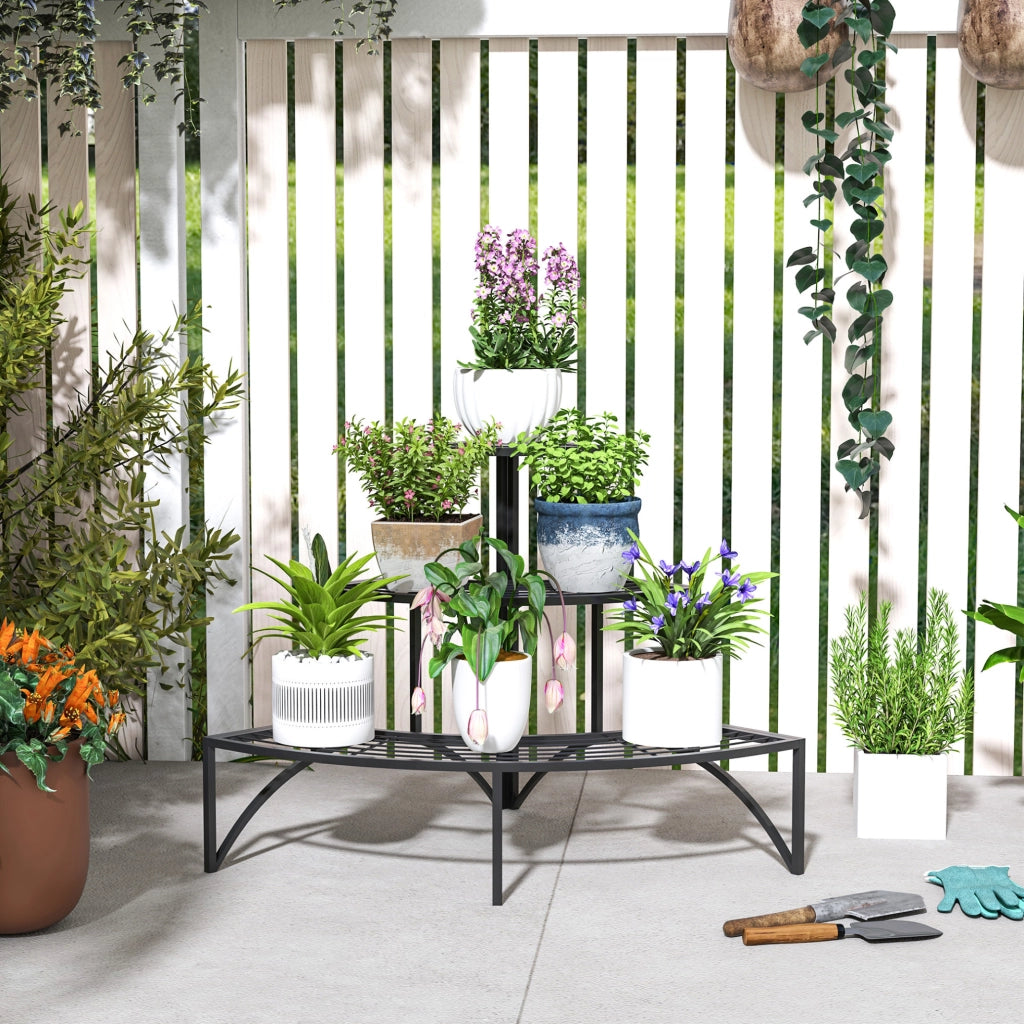 Espositore per piante a 3 livelli in metallo nero 87x60x60 cm, per interno ed esterno