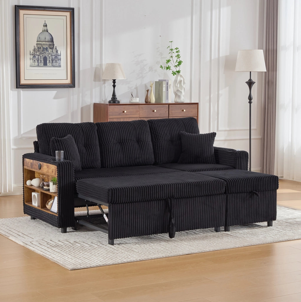 Divano letto con contenitore e USB-C 196x82-144x85 cm in corduroy nero con LED