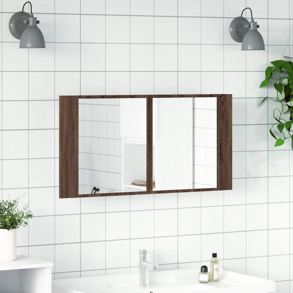 Armadietto Specchio con LED-Mobile bagno con specchio Rovere Marrone 90x12x45cm Acrilico
