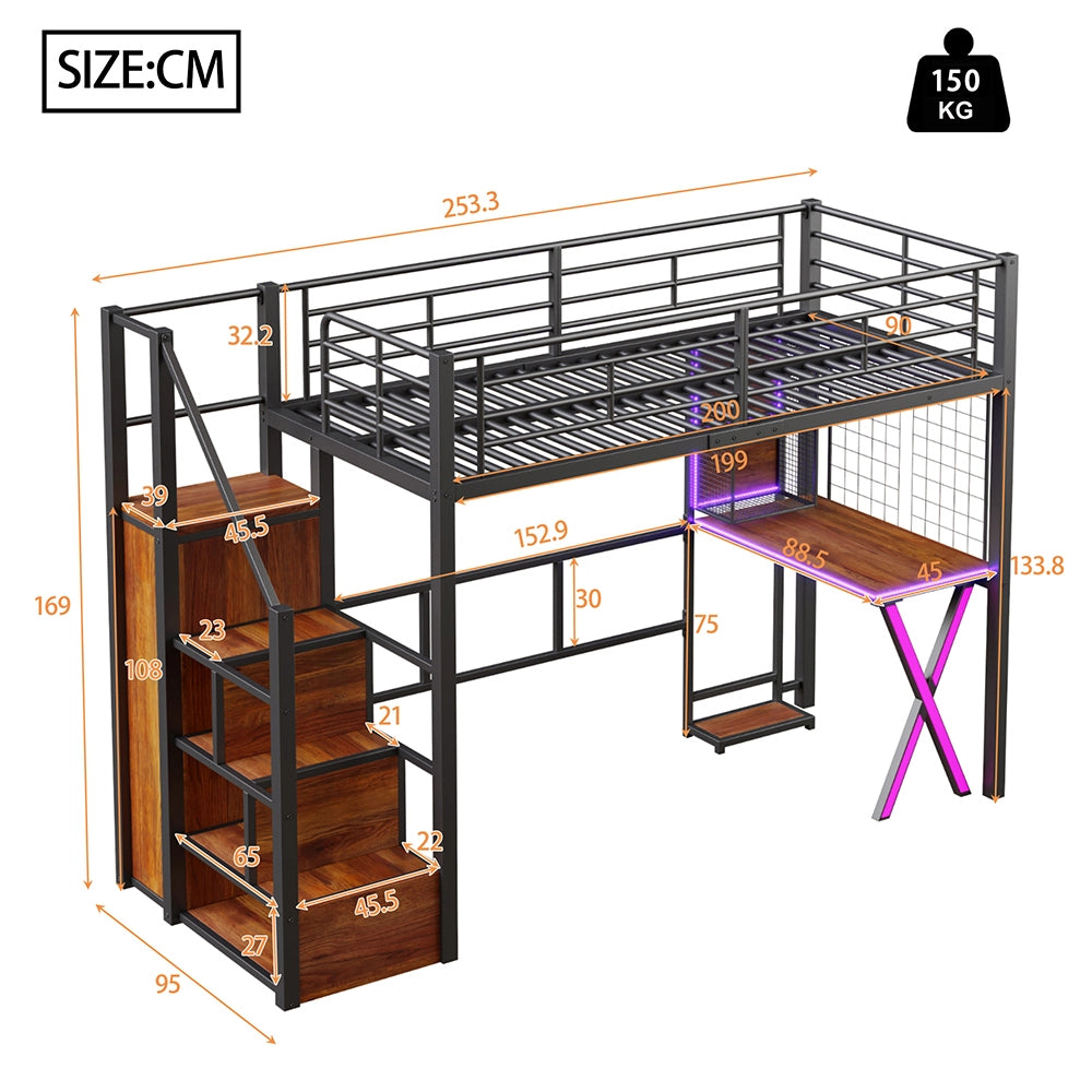 Letto mezzanino 90x200cm - Xylo - nero, armadio, scaffali, luce controllabile