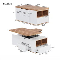 Tavolino da Salotto Multifunzione Regolabile in Altezza con Doppia Tavola Estraibile, Grande Capacità di Stoccaggio, 100x51x47 cm, Bianco
