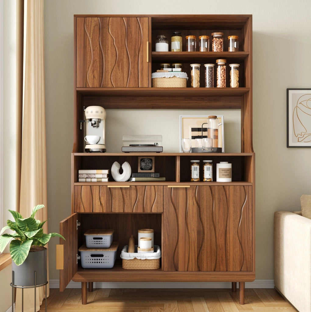 Credenza alta 100x32x170 cm con cassetto, ante e ripiani aperti color noce HAVRYA