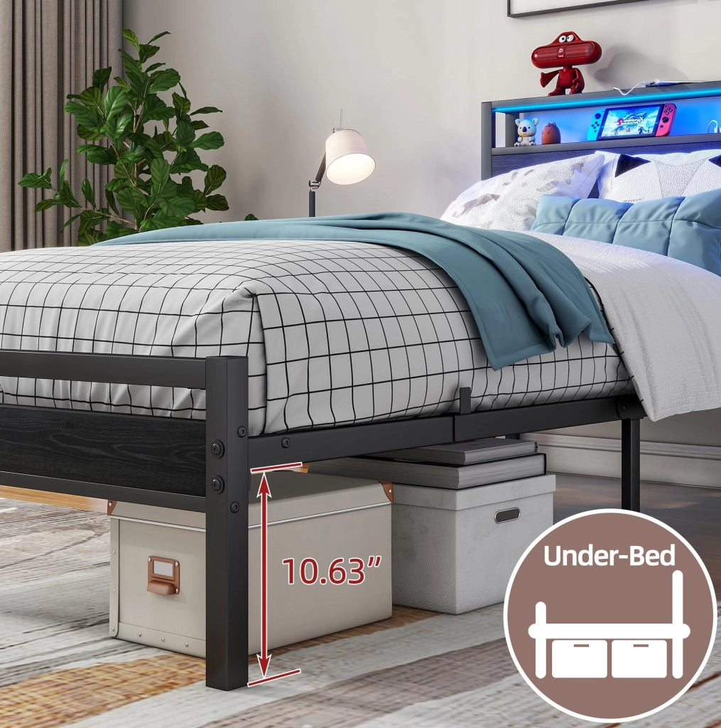 Letto singolo 90x200 cm in metallo con USB e testiera contenitore