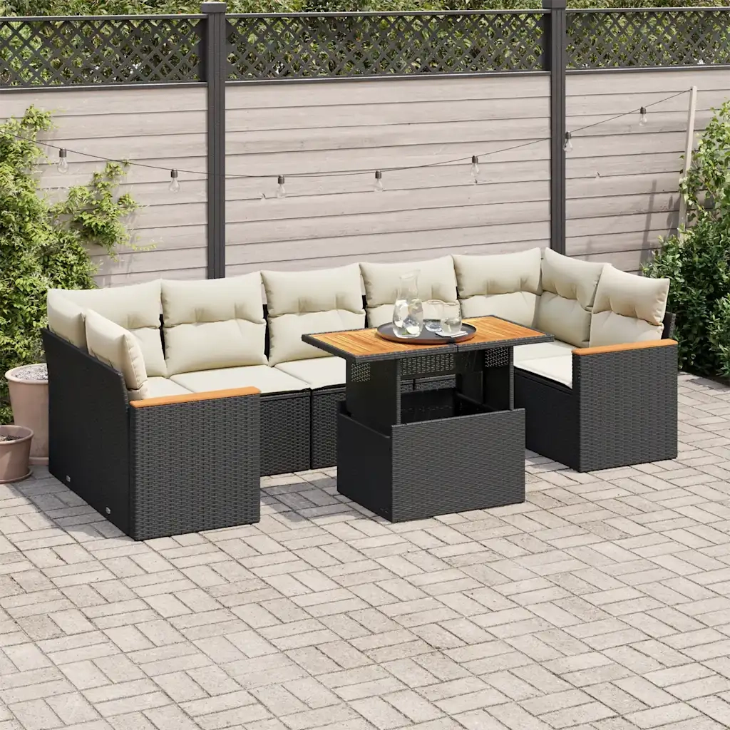 Set Divani da Giardino con Cuscini 8 pz Nero Polyrattan Acacia 3327458