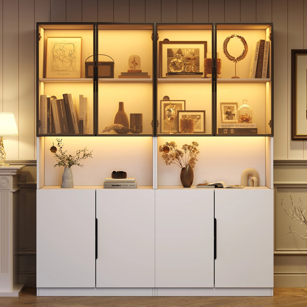 Vetrina con LED e ante in vetro, ripiano regolabile, per soggiorno, 160 × 30 × 200 cm
