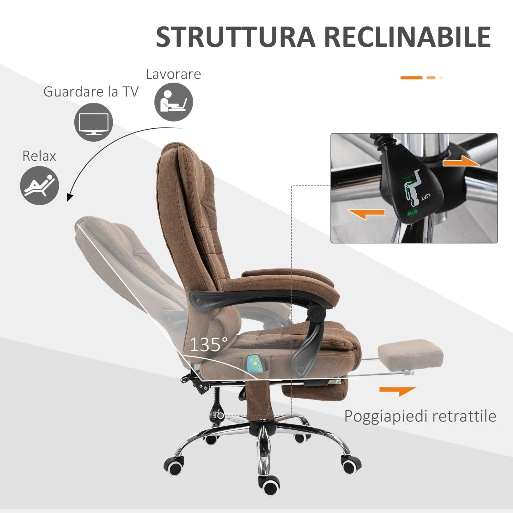 Sedia Poltrona Presidenziale Massaggiante da Ufficio 65x160x104 cm in Microfibra Marrone