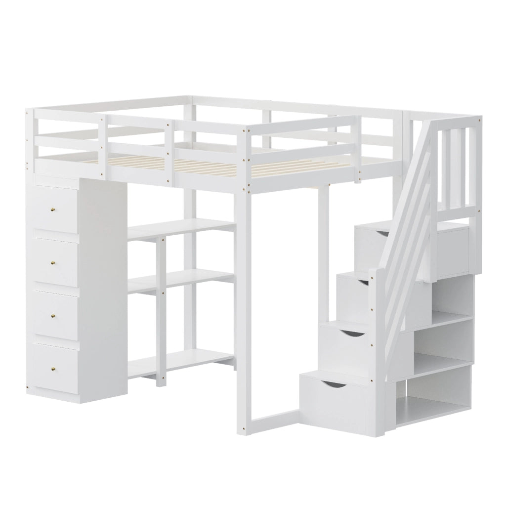LETTO a soppalco 140x200 cm in legno bianco con 4 cassetti e scala laterale