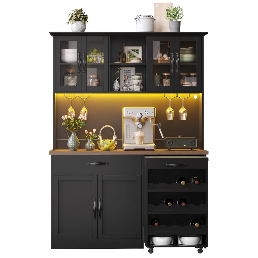 Armadio cucina 140 cm con carrello estraibile, illuminazione LED dimmerabile, 4 ante in vetro, cassetto e portabottiglie, nero