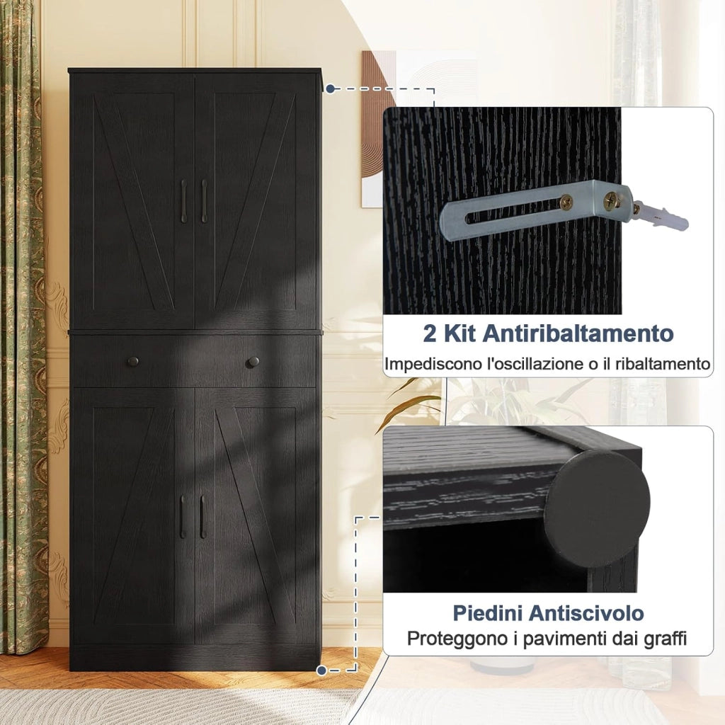 Credenza Alta da Cucina, Mobile Dispensa in Legno con 3 Ripiani Regolabili, 1 Cassette e 4 Ante, Armadio Moderno per Cucina, Soggiorno, Sala da Pranzo, 77 x 39 x 183 cm (Nero)