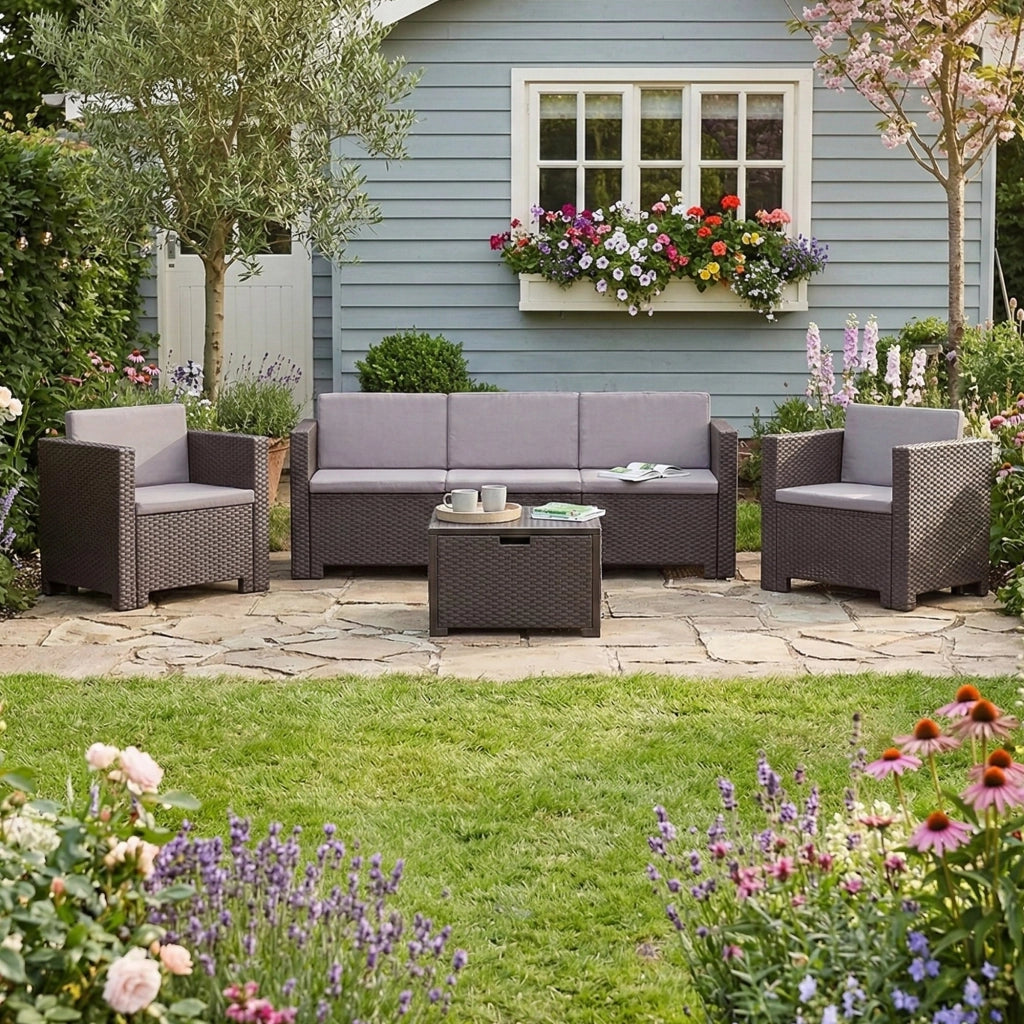 Set salotto da esterno Cameri, Salottino outdoor, Set da balcone o giardino, Composizione soggiorno per esterni, Made in Italy, Marrone