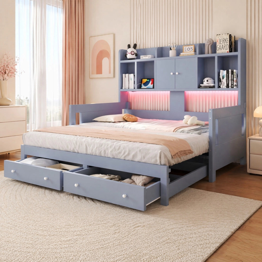 Divano letto estraibile 90x190 cm con cassetti, LED e prese