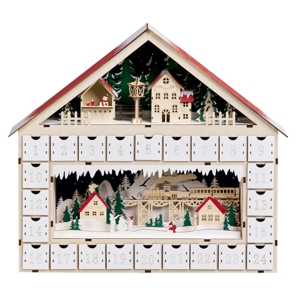 Decorazione natalizia a LED Calendario dell'Avvento in legno a forma di casetta Alimentato a batterie Marrone chiaro