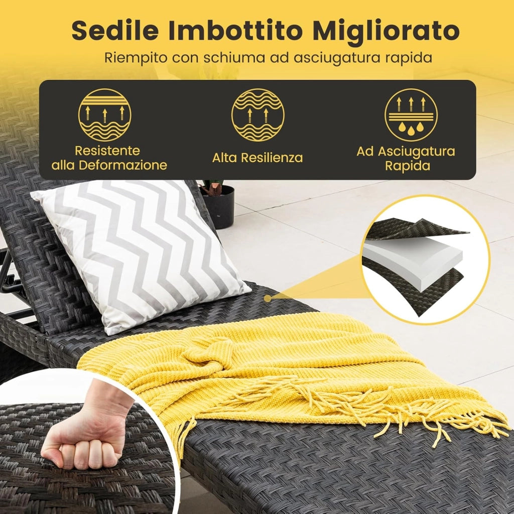 Lettino Prendisole in Rattan PE, Sdraio da Giardino Pieghevole con Schienale Regolabile, Schiuma ad Asciugatura Rapida e Due Ruote, Portata 150 kg, per Balcone Piscina
