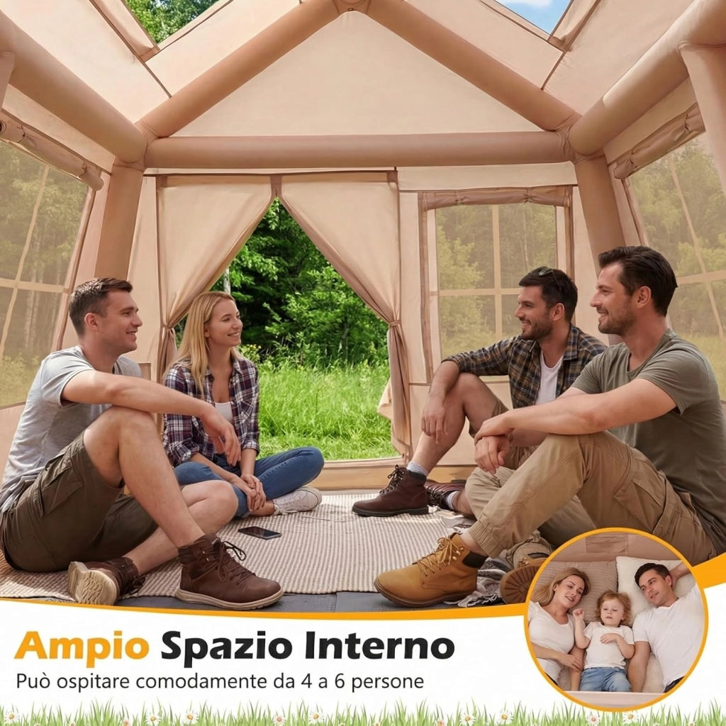 Tenda da Campeggio Gonfiabile per 4-6 Persone, Tenda Portatile da Esterno con Pompa, Porte e Finestre in Rete, Picchetti, Cordini Antivento e Borsa per il Trasporto per Viaggi e Escursionismo