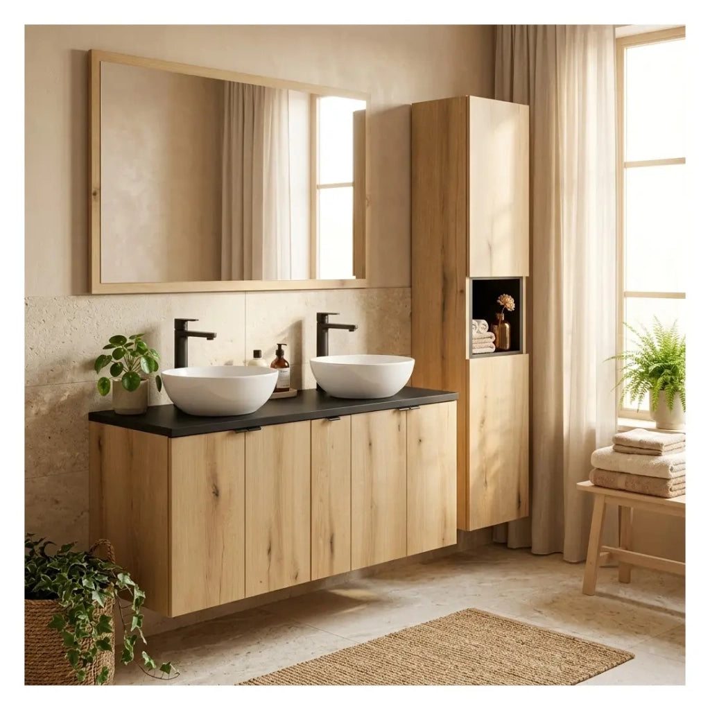 Set da bagno sospeso VANO effetto rovere e nero 170cm: mobili sotto lavabo con armadietti + piano per lavabo + colonna