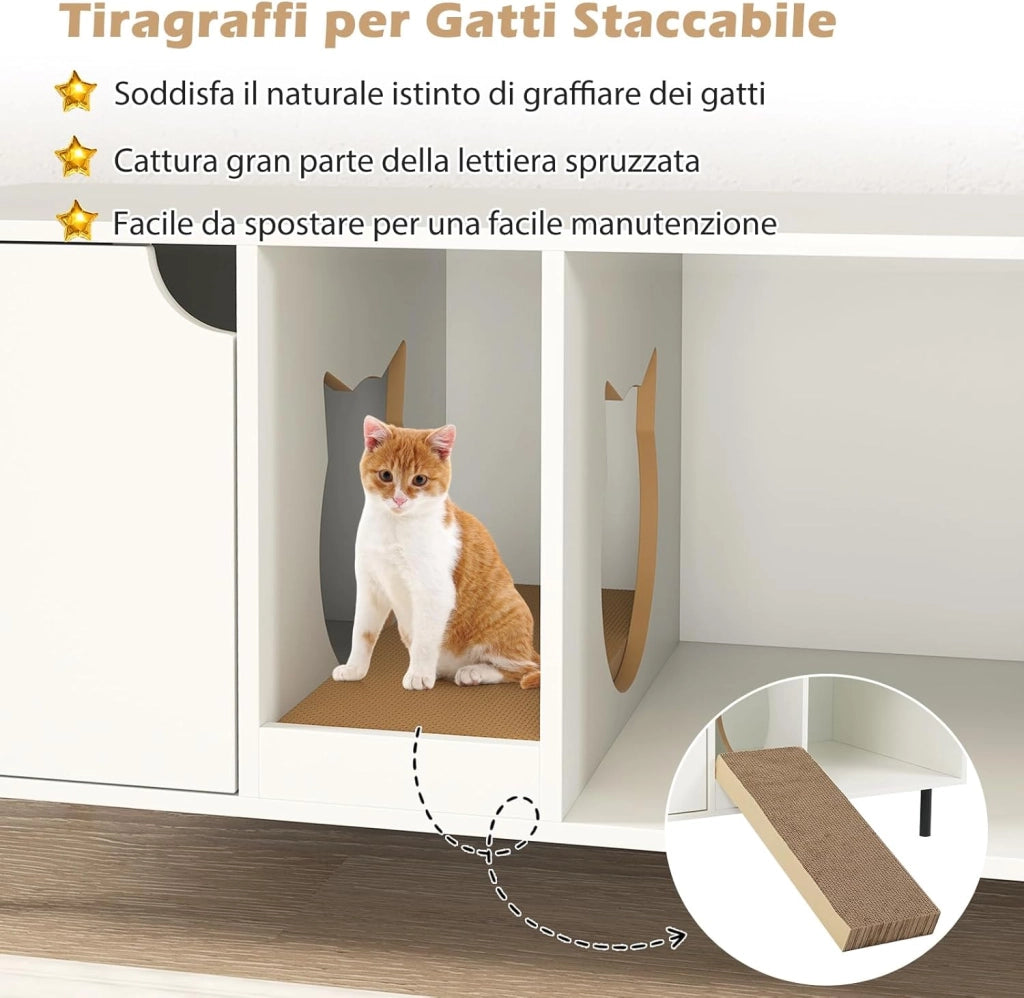 Lettiera Nascosto, Mobile Laterale in Legno con Ingresso a Forma di Testa di Gatto, Pannello Grattugia Rimovibile e Gambe in Metallo, Tavolino per Animali Domestici, Bianco, Portata di 120 kg