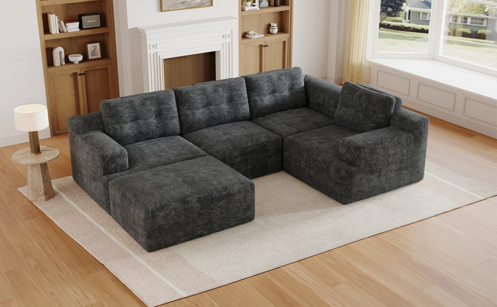 Divano panoramico a U modulare con schiuma integrale e pouf, per 5-6 posti, in chenille grigio 252 × 180 × 82 cm