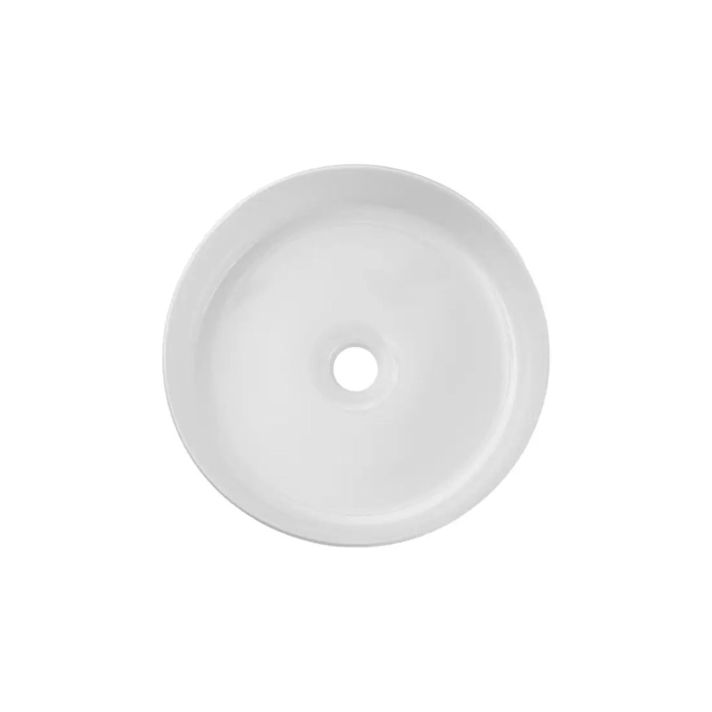 Lavabo da appoggio rotondo 36 cm bianco lucido in ceramica con rilievo decorativo e piletta