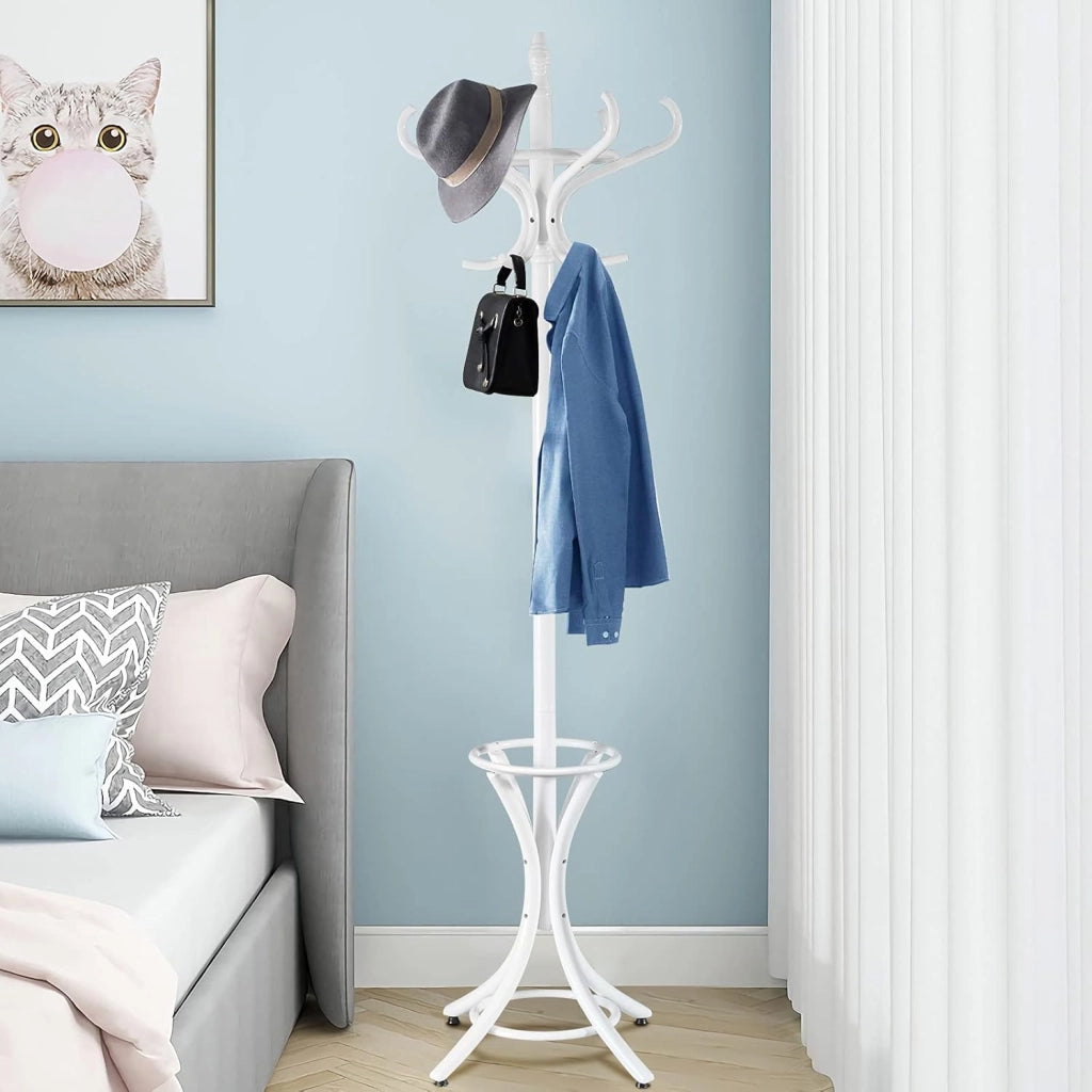 Appendiabiti da 184 cm, Scaffale per Abiti e Cappelli, Appendiabiti in Legno con 12 Ganci, Supporto per Ombrellone, Portabiti Autoportante, per Ingresso, Ufficio, Soggiorno (Bianco)