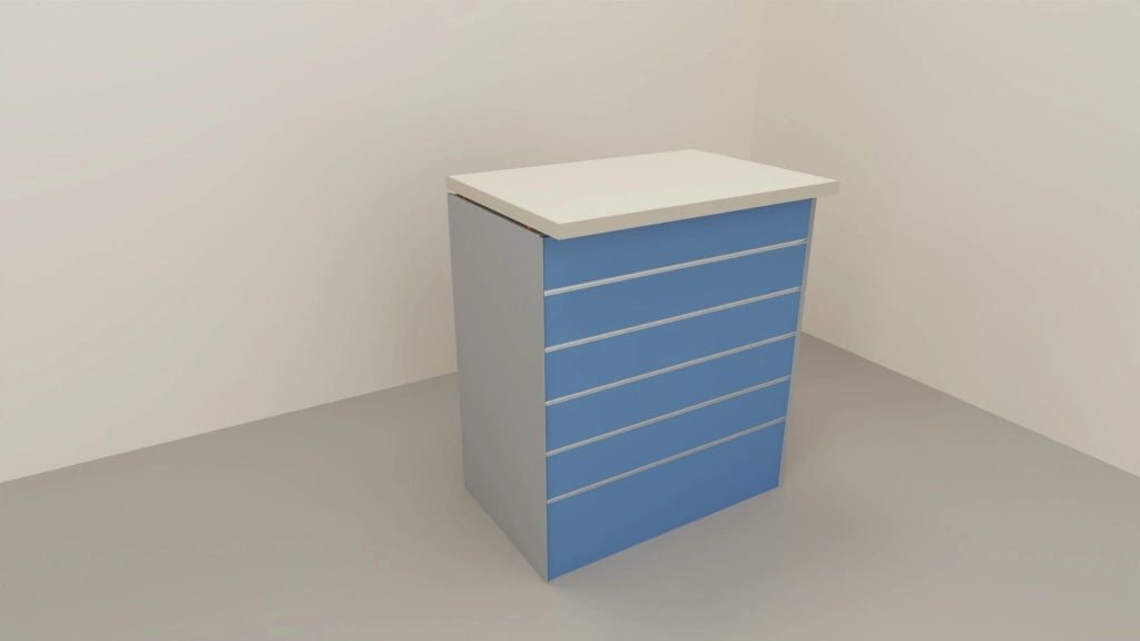 Composizione banco cassa angolare con pannello dogato per esposizione negozio abbigliamento cm. 156x156x106h