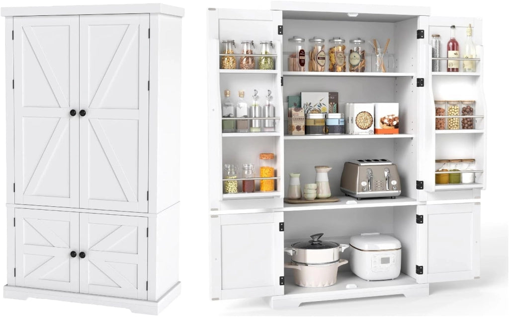 Mobiletto Multiuso con 4 Ante in Legno, Credenza Cucina Salvaspazio con 2 Ripiani Regolabili e 1 Armadio, Mobile Buffet per Sala da Pranzo, Soggiorno, 76,5 x 40 x 139 cm, Bianco(In 2 Pacchi)