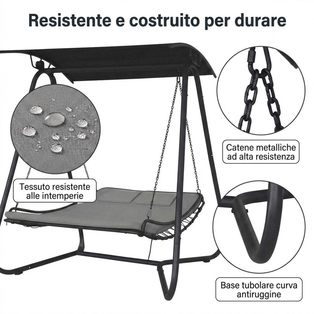 Dondolo Amaca Letto 2 Posti da Giardino con Tetto Parasole Struttura in Acciaio e Seduta Imbottita in Textilene per Terr