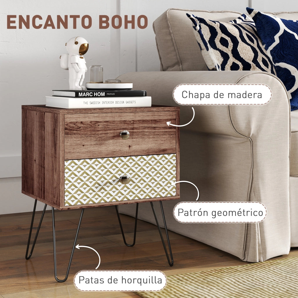 Comodino con 2 cassetti gambe in acciaio stile bohemien ¨C zephmum ¨C Marrone 45x39x55,5 cm