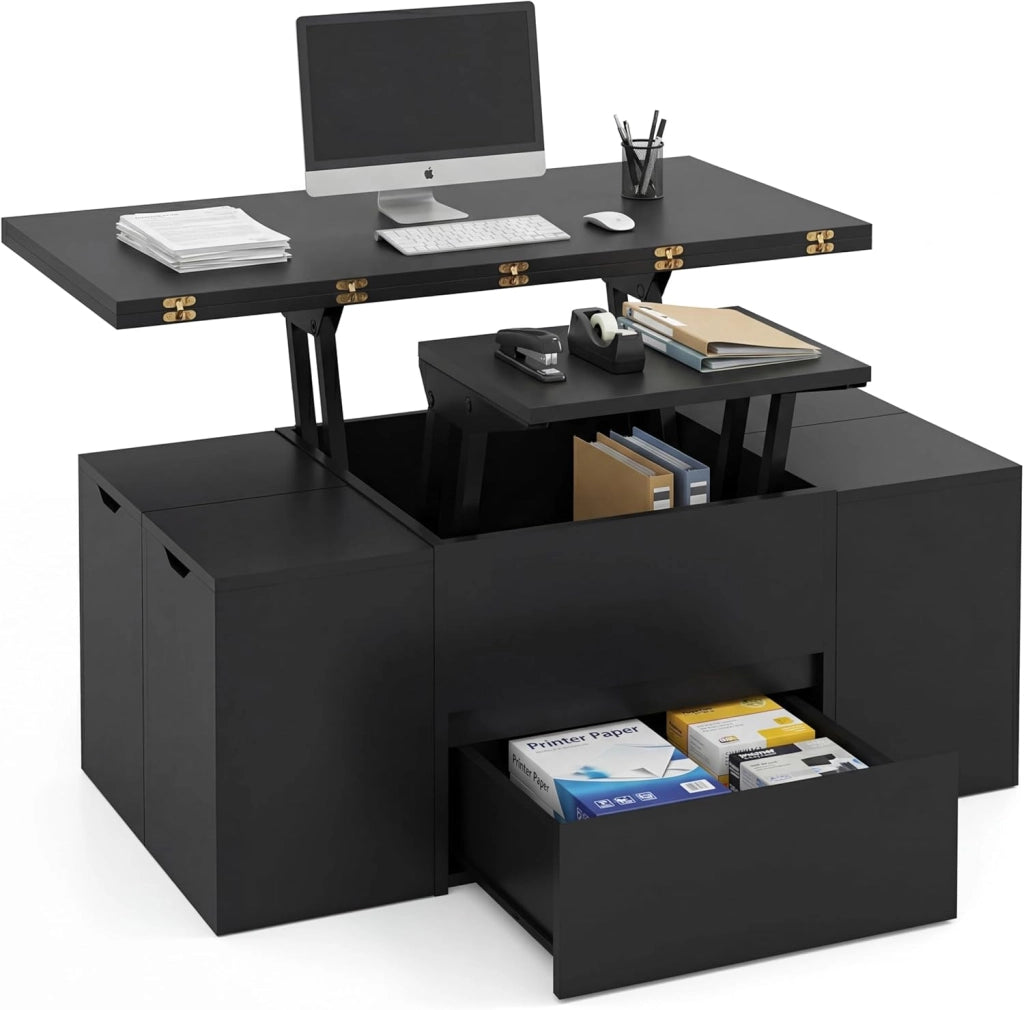 Tavolino da Caffè Sollevabile, Tavolini Salotto Moderno con 4 Sgabelli Ripiegabili, Vano Nascosto, 1 Cassetto, Carico 75 KG, Tavolo per Salotto, Ufficio, 100 X 100 X 62 CM (Bianco)
