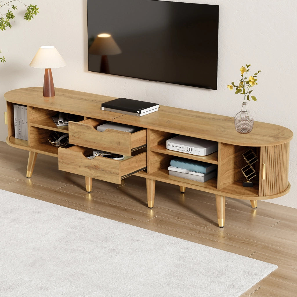 OKWISH Mobile TV con Ante Scorrevoli, 2 Cassetti e Vani Aperti, Passacavi, Stile Naturale, 175×38×45 cm