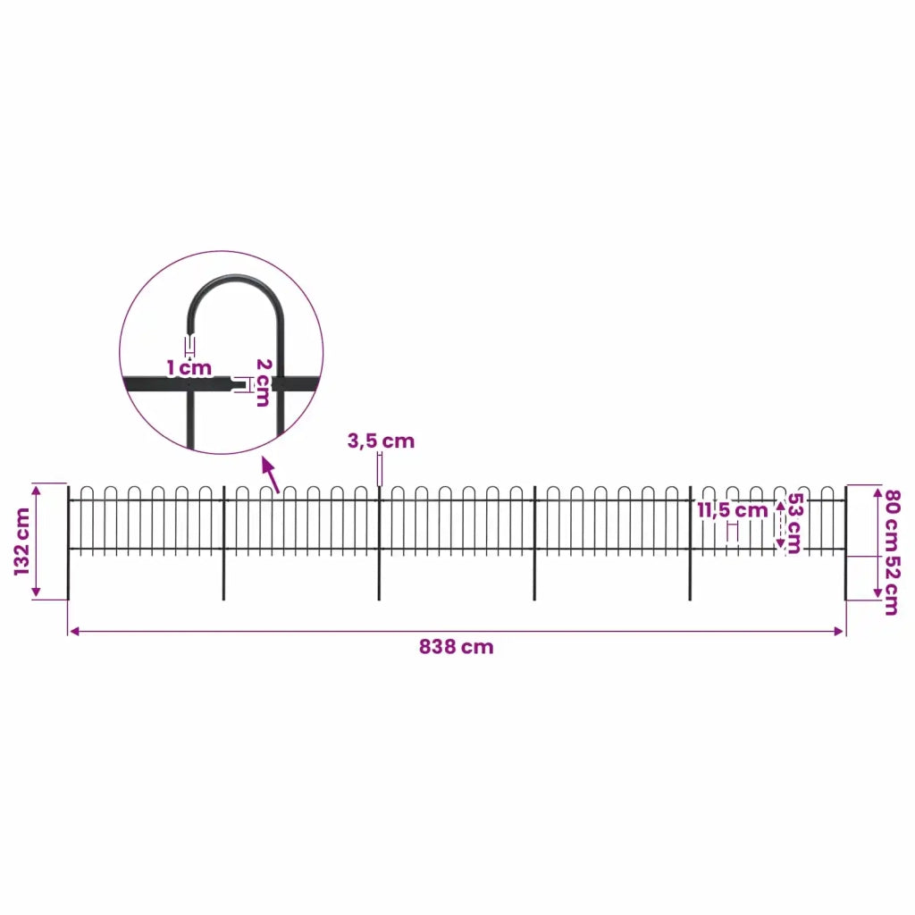 Recinzione da Giardino con Parte Superiore ad Anello in Acciaio 838x80 cm Nero 277651