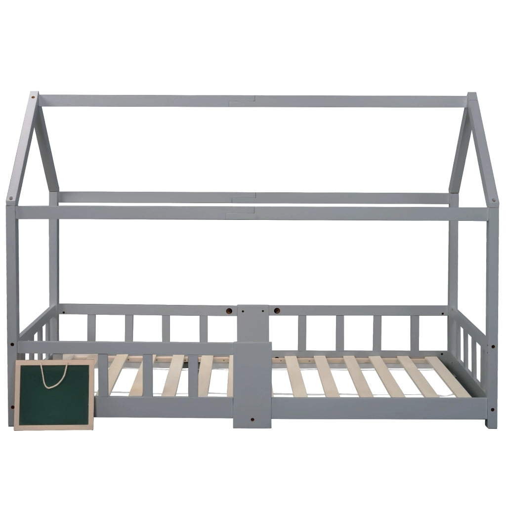 Letto Casetta 90×200 cm; Letto Singolo con Sponda di Sicurezza e Lavagna; senza Materasso; Grigio