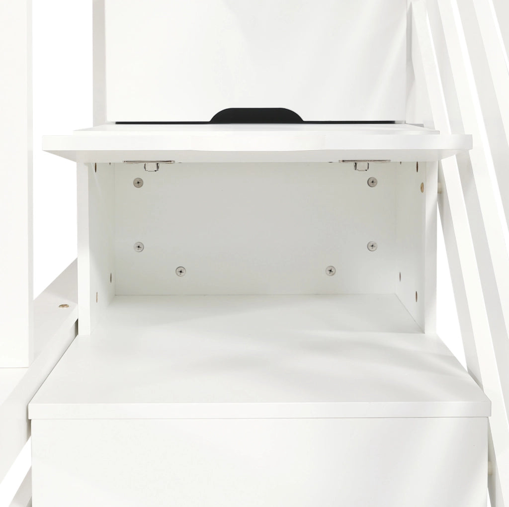 Letto a castello per bambini con 2 cassetti e scala ad angolo; per materassi 90x200 cm e 120x200 cm; bianco e naturale