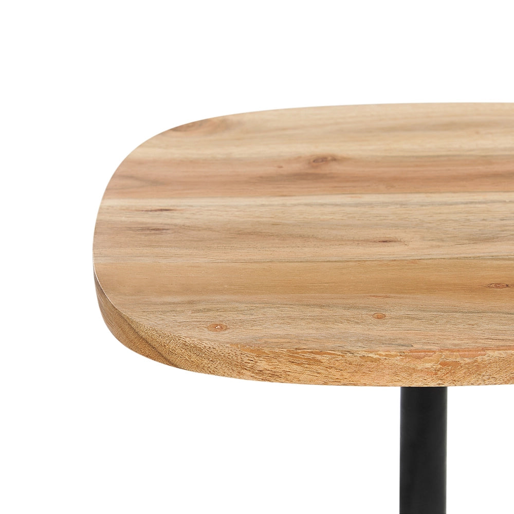 Tavolino moderno rotondo a forma geometrica piano in legno di acacia chiaro base in metallo effetto marmo bianco soggiorno elegante