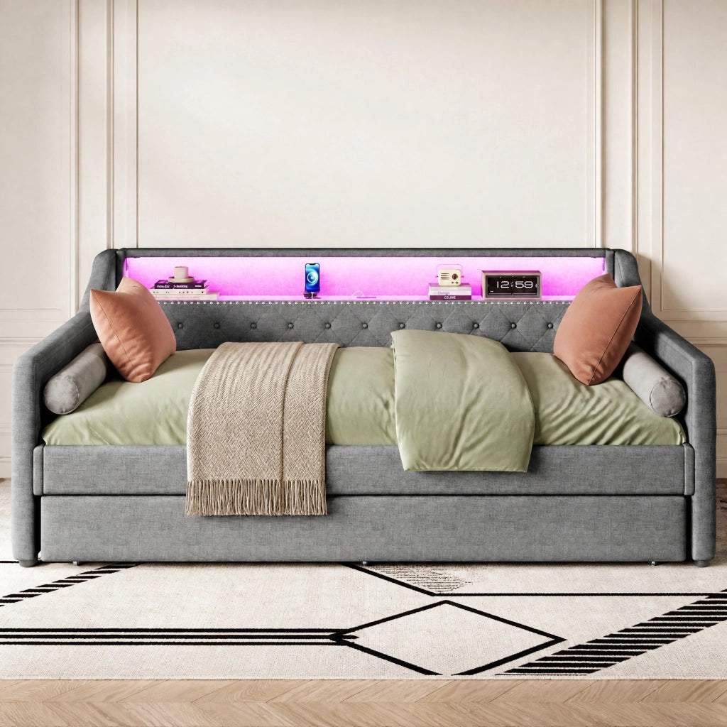 Letto daybed 90x200 cm con rete a doghe, letto estraibile, LED e USB, grigio