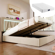 Bettgestell 140x200 cm in Leinen Beige con LED; USB e Type-C; testiera regolabile e contenitore