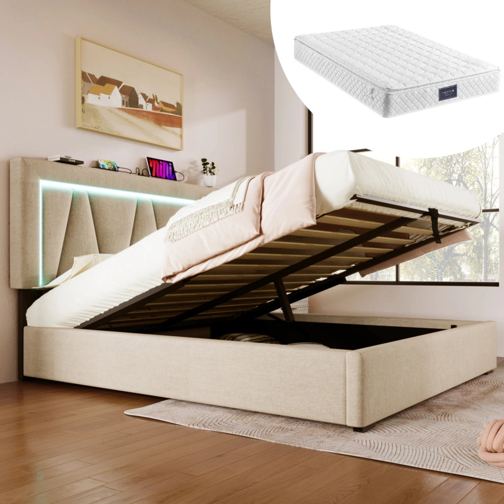 Bettgestell 140x200 cm in Leinen Beige con LED; USB e Type-C; testiera regolabile e contenitore