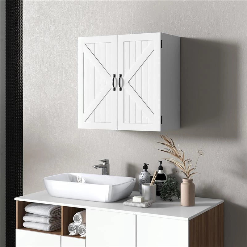 ARMADIETTO PENSILE BAGNO IN LEGNO STILE COUNTRY CON RIPIANO REGOLABILE, 60X30X60CM, BIANCO