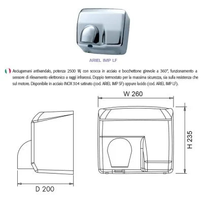 Asciugamani elettrico antivandalo in acciaio inox lucido 2500W