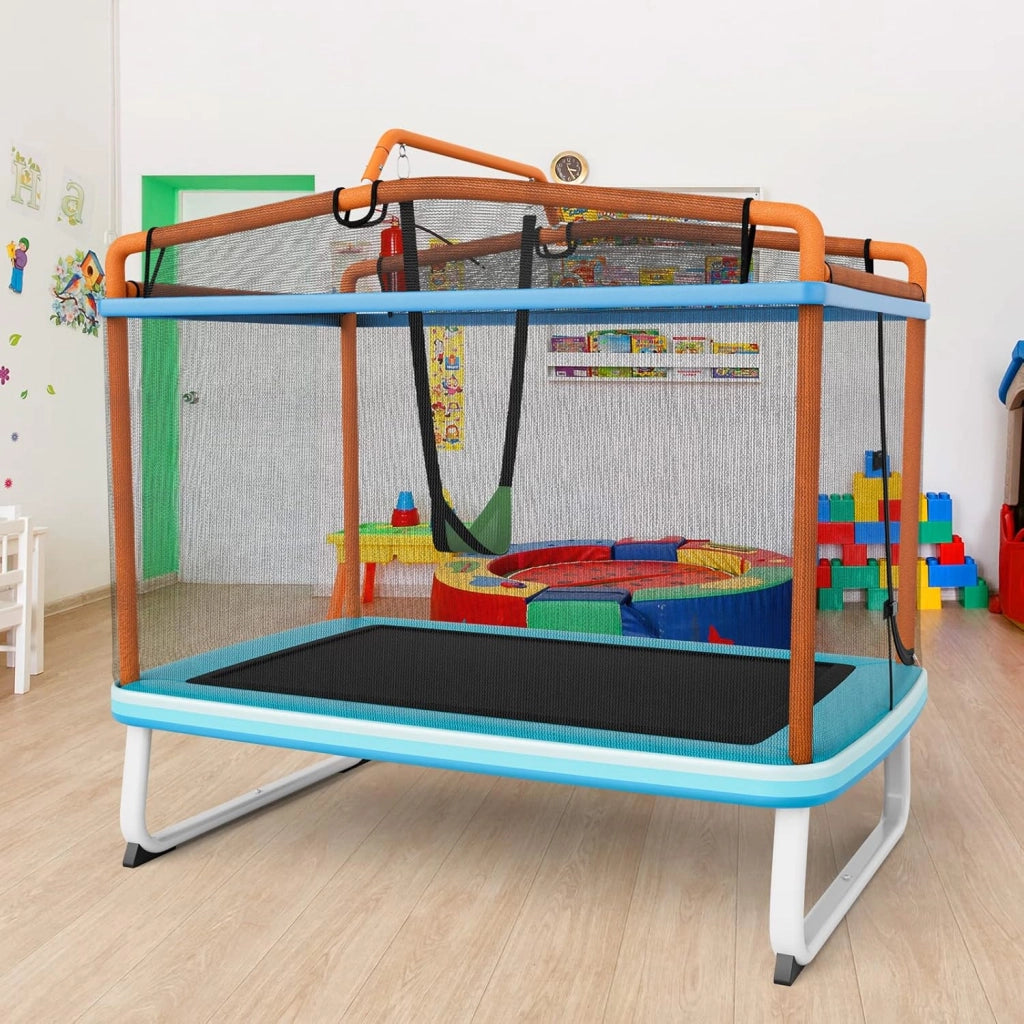 Trampolino per Bambini 3-8 Anni, Tappeto Elastico Bambini 3 in 1 con Altalena Rimovibile e Barra Orizzontale, Saltarello da Esterno e Interno, Portato 110 kg, 190 x 124 x 172 cm