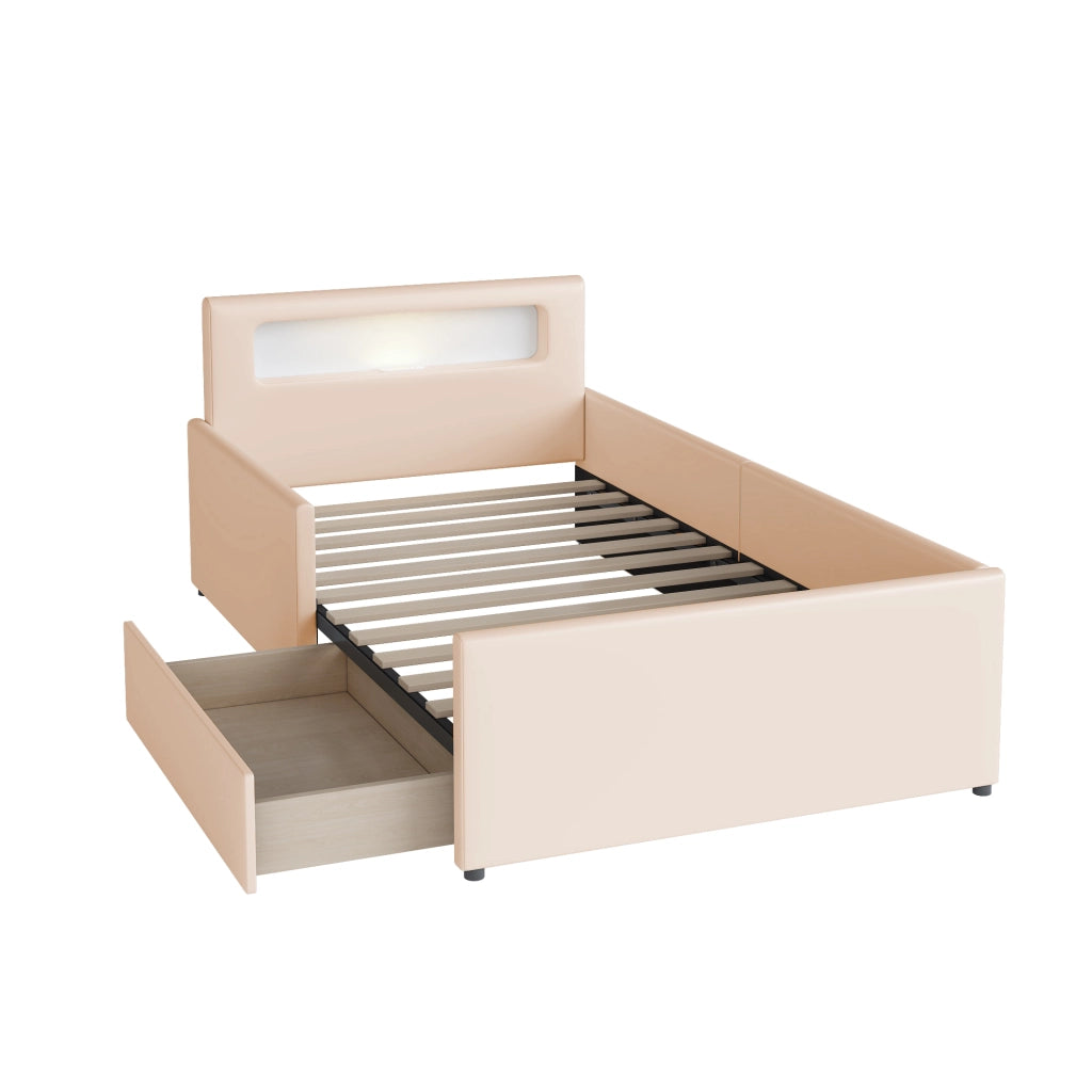 OKWISH Letto Bambino 90×200 cm, Letto Singolo con USB, Luce Notturna e Cassetto Contenitore, senza Materasso, in Ecopelle, Beige