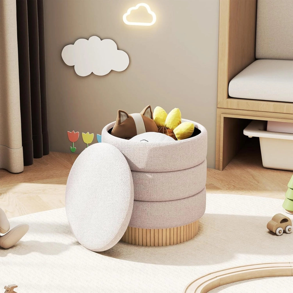 Pouf Contenitore Rotondo 35,5 L, Poggiapiedi Divano Imbottito con Coperchio Rimovibile, Sgabello Moderno in Ciniglia con Base in Legno di Pino, per Soggiorno e Camera da Letto