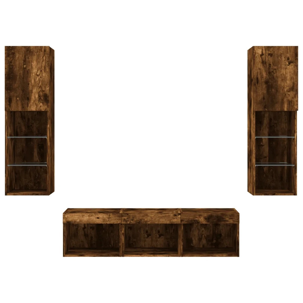 Mobili TV a Muro con LED 5pz Rovere Fumo in Legno Multistrato