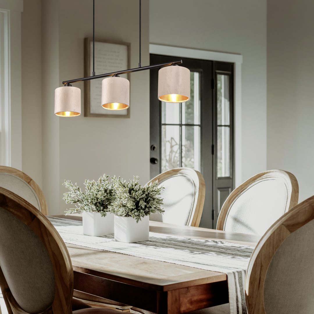 Lampada a sospensione, metallo e velluto, nero e tortora, L 66 cm, Julieta