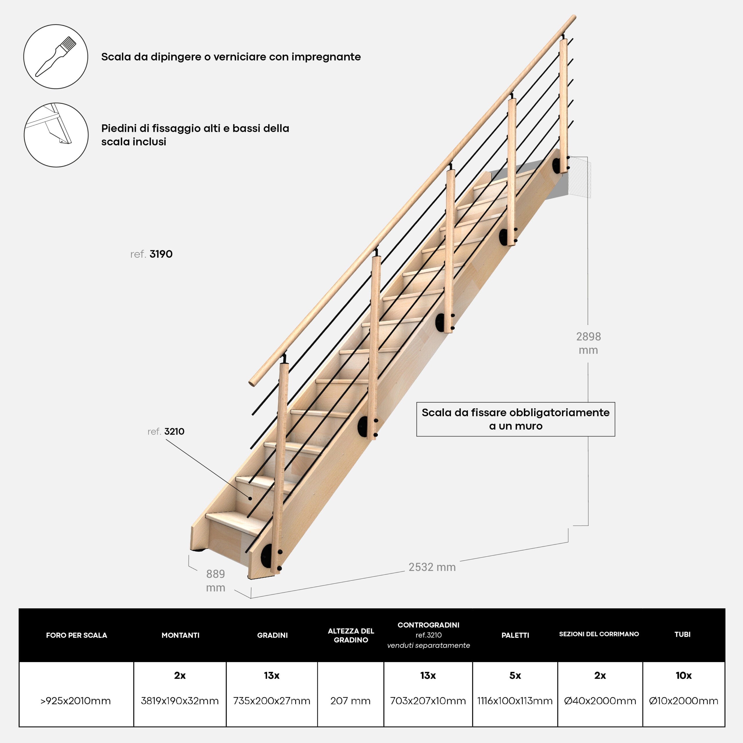 NOSTRA - Scala dritta in legno (faggio) con balaustra
