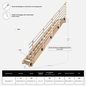 NOSTRA - Scala dritta in legno (faggio) con balaustra
