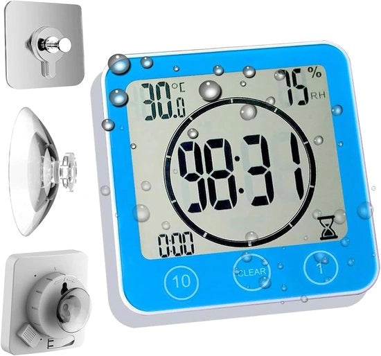 Cronografo da Parete & Doccia Digitale - Grande sveglia per Bambini, Contatore Aumento Tempo con Display Visibile, Termometro e Umidificatore per la Stanza da Bagno con Funzione di Regolazione - Blu