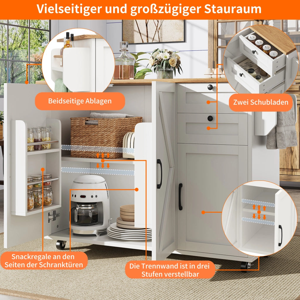CARRELLO CUCINA PIEGHEVOLE 120 x 43,2/71,2 x 92 cm MDF BIANCO