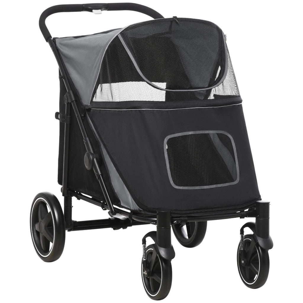Carrello per cani pieghevole in Oxford grigio, portata 30 kg, con finestra a rete, guinzagli di sicurezza e cuscino, per cani di taglia media e grande
