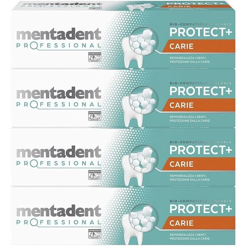 MENTADENT DENTIFRICIO SET 4 CONFEZIONI PROTEZIONE CARIE PROFESSIONAL RIMINALIZZA I DENTI 75ML L'UNO PROTECT+ CARIE