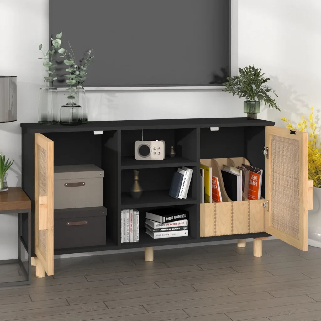 Credenza Nera 105x30x60cm Legno Massello Pino e Rattan Naturale 345640